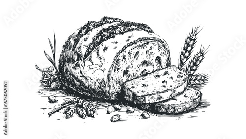 Rustic loaf of bread with sliced pieces and wheat stalks. Vector hand drawn illustration