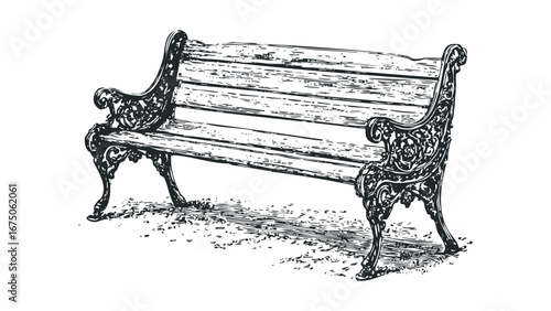 Detailed Vintage Park Bench with Ornate Cast Iron Accents. Vector hand drawn illustration