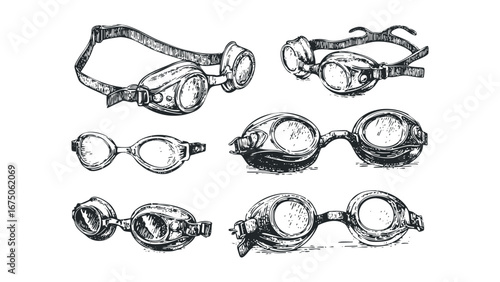 Vintage swimming goggles collection with adjustable straps and round lenses. Vector hand drawn illustration