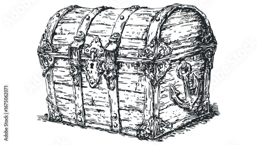Antique wooden treasure chest with metal fittings and anchor decoration. Vector hand drawn illustration