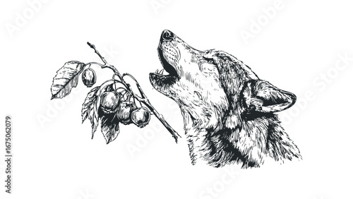 Sketch of a wolf howling next to a branch with apples. Vector hand drawn illustration