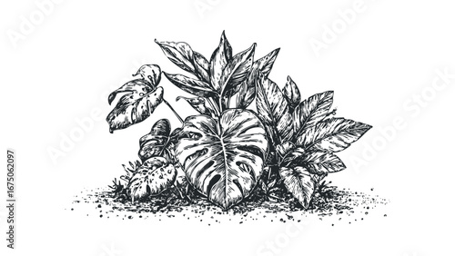 Detailed ink drawing of tropical foliage with Monstera leaves and ground texture. Vector hand drawn illustration