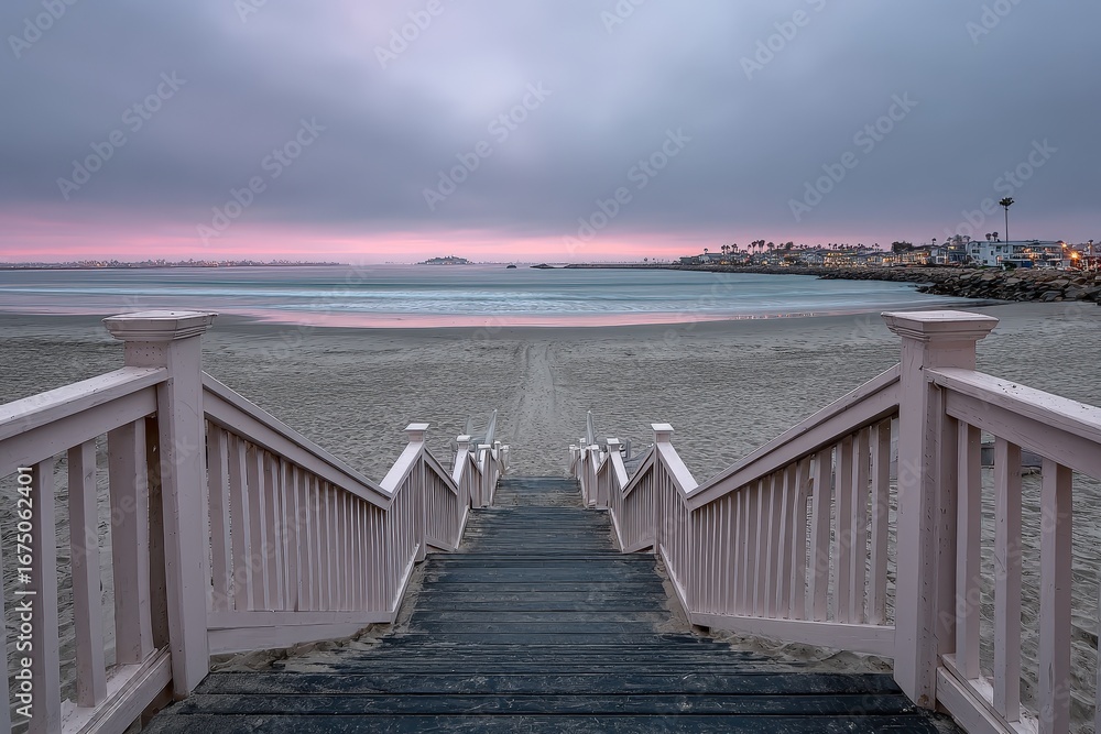 Obraz premium Pink Wooden Beach Stairs Leading To The Ocean At Sunset