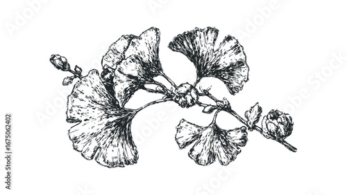 Detailed sketch of Ginkgo Biloba branch with fan-shaped leaves and seed cones. Vector hand drawn illustration