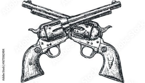 Vintage Crossed Revolver Pistols Sketch on White Background. Vector hand drawn illustration