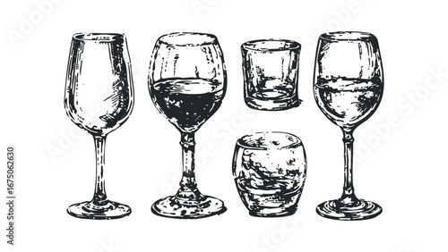 Collection of Hand Drawn Drinkware Including Wine Glasses and Rocks Tumblers. Vector hand drawn illustration