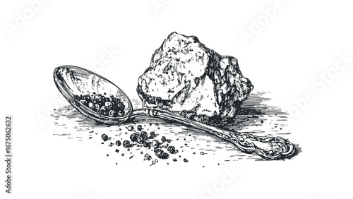 Vintage Spoon Filled With Peppercorns Beside Crushed Pepper Grain. Vector hand drawn illustration