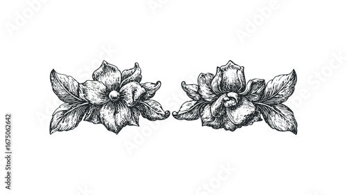 Ornate floral vine and leaves etching style with intricate linework. Vector hand drawn illustration