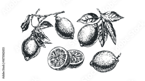 Detailed black and white sketch of lemons and leaves on branches. Vector hand drawn illustration