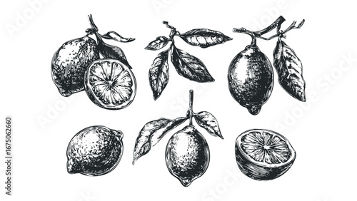 Vintage Engraved Lemon Fruits and Leaves Collection on White Background. Vector hand drawn illustration