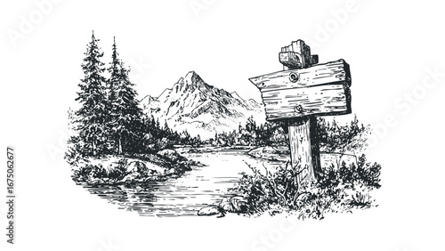 Wood signpost by a river with trees and mountains in the background. Vector hand drawn illustration