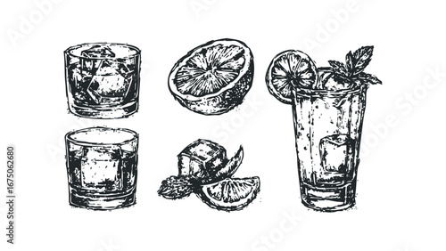 Hand drawn sketch of refreshing beverages with ice and citrus wedges. Vector hand drawn illustration