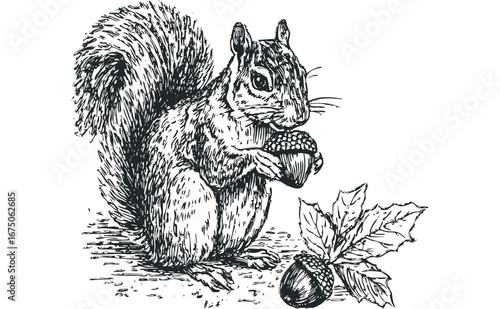 Detailed sketch of a squirrel holding an acorn with autumn leaves. Vector hand drawn illustration