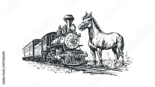 Vintage Steam Locomotive and Horse Standing on Railroad Tracks in Grassy Field. Vector hand drawn illustration