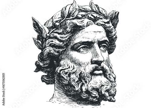 Ancient Greek Sculpture Bust with Laurel Wreath and Detailed Beard. Vector hand drawn illustration
