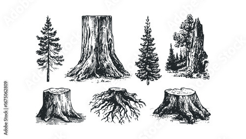 Set of Pine Tree Stumps and Fir Trees in Engraving Style. Vector hand drawn illustration