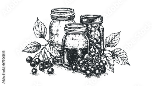Hand drawn berry jars and leaves sketch for preservation and harvest. Vector hand drawn illustration