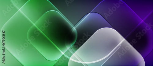 Abstract composition featuring overlapping squares. Colors blend from green, through dark shades, to purple. Smooth gradients create luminous effect.