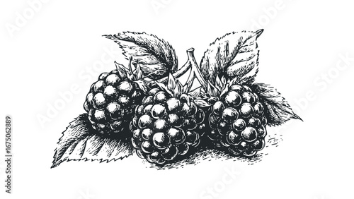 Detailed sketch of three ripe blackberries with leaves on a white background. Vector hand drawn illustration