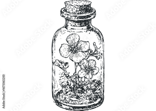 Sketch of a glass bottle containing delicate wildflowers and greenery. Vector hand drawn illustration
