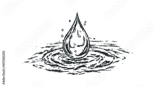 Black ink sketch of water drop creating ripples on surface. Vector hand drawn illustration