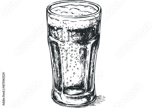 Hand-drawn sketch of a tall glass filled with a bubbly beverage. Vector hand drawn illustration