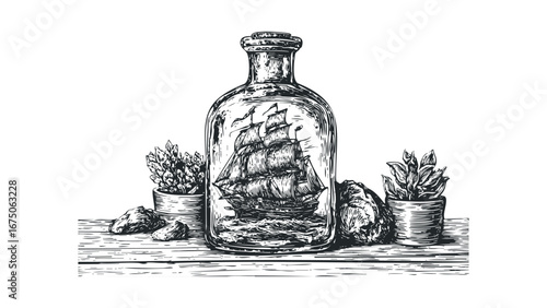 Vintage sailing ship displayed inside glass bottle with plants and rocks. Vector hand drawn illustration