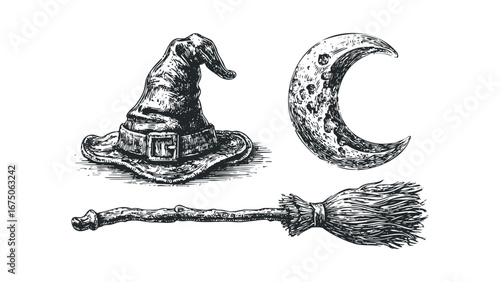 Witch's hat, crescent moon and broomstick sketch. Vector hand drawn illustration
