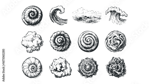 Collection of vintage sea life and wave drawings rendered in black and white. Vector hand drawn illustration