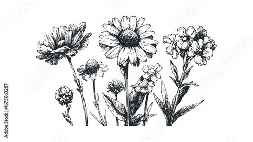 Sketch of various wildflowers with detailed petals and leaves. Vector hand drawn illustration