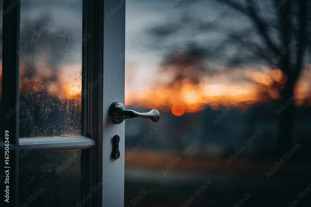 Obraz premium Rainy Sunset View Through Rustic Wooden Door
