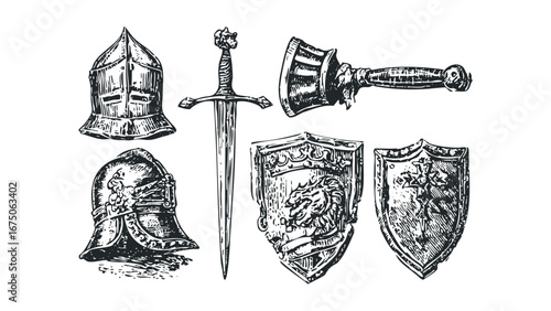 Group of Medieval Knight Armory With Helmets, Sword, and Shields. Vector hand drawn illustration