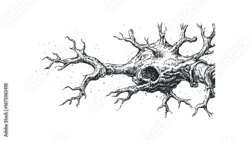 Detailed woodcut style drawing of a gnarled, ancient tree trunk with many branching limbs against a white background. Vector hand drawn illustration