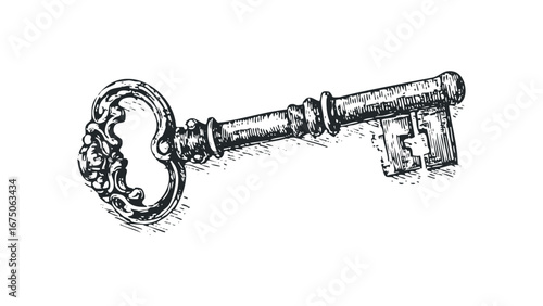Ornate Antique Skeleton Key with Intricate Bow Detail. Vector hand drawn illustration