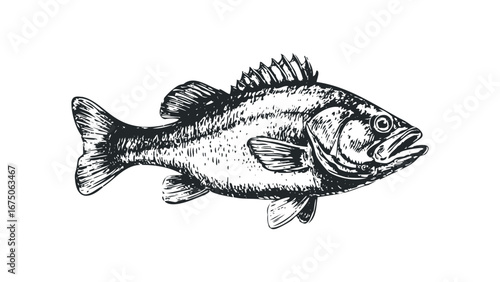 Black and White Sketch of a Freshwater Bass Fish. Vector hand drawn illustration