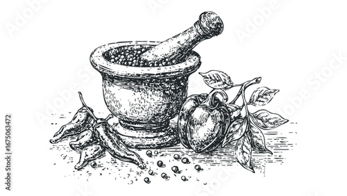 Vintage Sketch of Mortar and Pestle with Chili Peppers and Bell Pepper. Vector hand drawn illustration