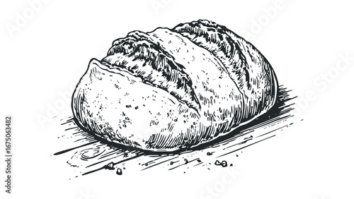 Hand Drawn Loaf of Crusty Bread on Wooden Surface. Vector hand drawn illustration