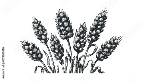 Black and white sketch of wheat stalks with detailed grain heads. Vector hand drawn illustration