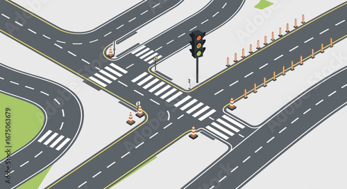 Busy urban intersection with pedestrian crossings traffic signals and lane closures due to construction work