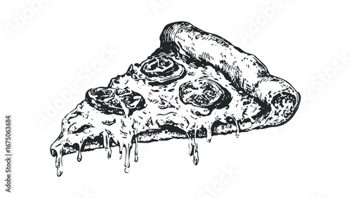 Melting cheese dripping from a slice of pizza. Vector hand drawn illustration
