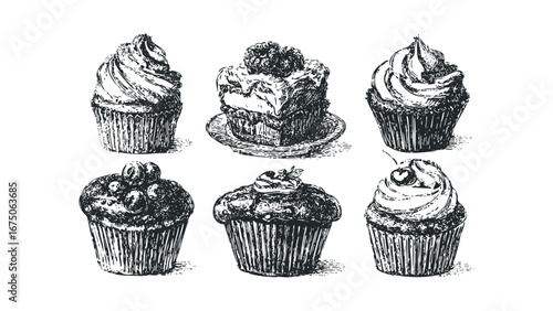 Six Hand Drawn Cupcakes with Various Toppings. Vector hand drawn illustration