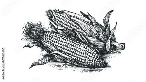 Vintage Style Engraved Corn Ears with Leaves. Vector hand drawn illustration