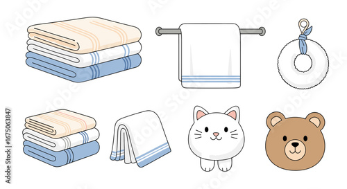 A collection of cute cartoon towels and animals including a cat and bear for home decor and baby bath time