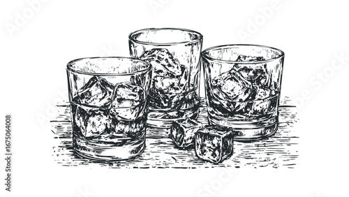 Three tumblers filled with ice and amber liquid on textured surface. Vector hand drawn illustration