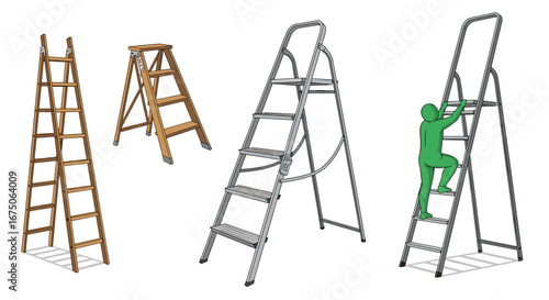 Various types of ladders used for access and work at height including a wooden stepladder and an aluminum step ladder with a person climbing