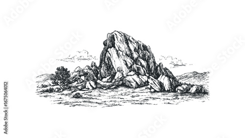 Detailed sketch of jagged mountain peak with rocky terrain and sparse vegetation. Vector hand drawn illustration