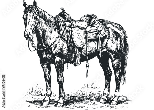 Detailed Sketch of a Saddled Horse Standing in Grass. Vector hand drawn illustration