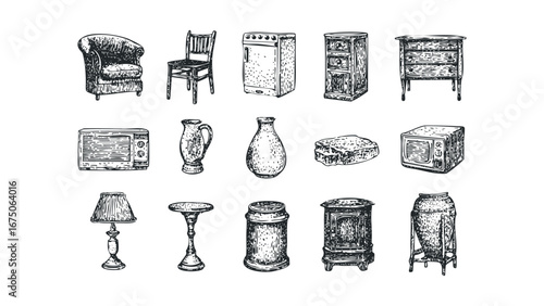 Collection of Hand-Drawn Vintage Home Furnishings and Appliances. Vector hand drawn illustration