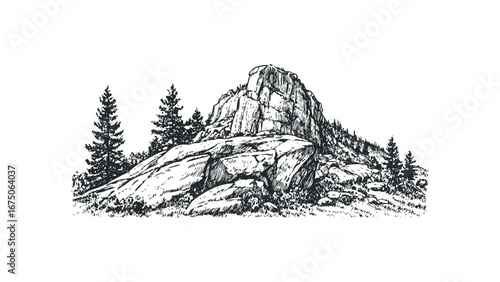 Sketch of Rugged Rocky Outcrop with Pine Trees and Undergrowth. Vector hand drawn illustration