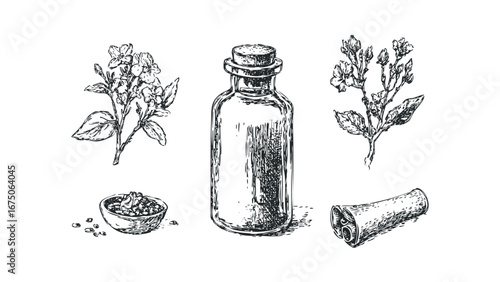 Botanical elements with flask and ingredients sketched in ink. Vector hand drawn illustration